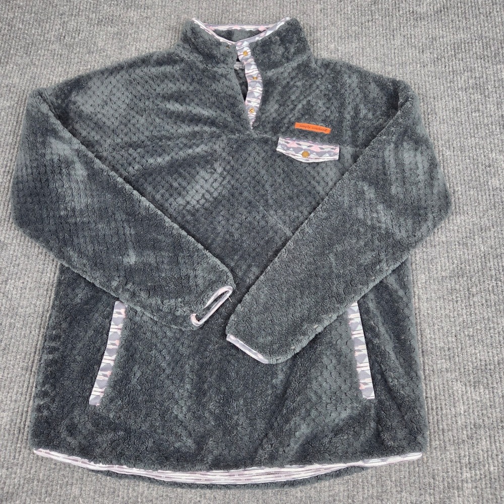 Simply Southern Womens XL Grey Sherpa Fleece Pullover Southwestern Snap Neck